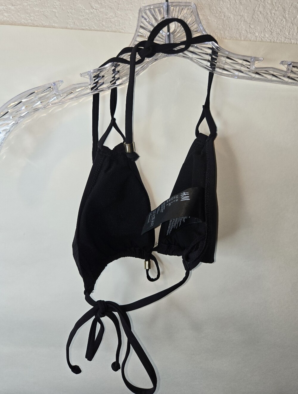 H&M Black Triangle Bikini Top - Adjustable Tie Halter With Gold Detail.